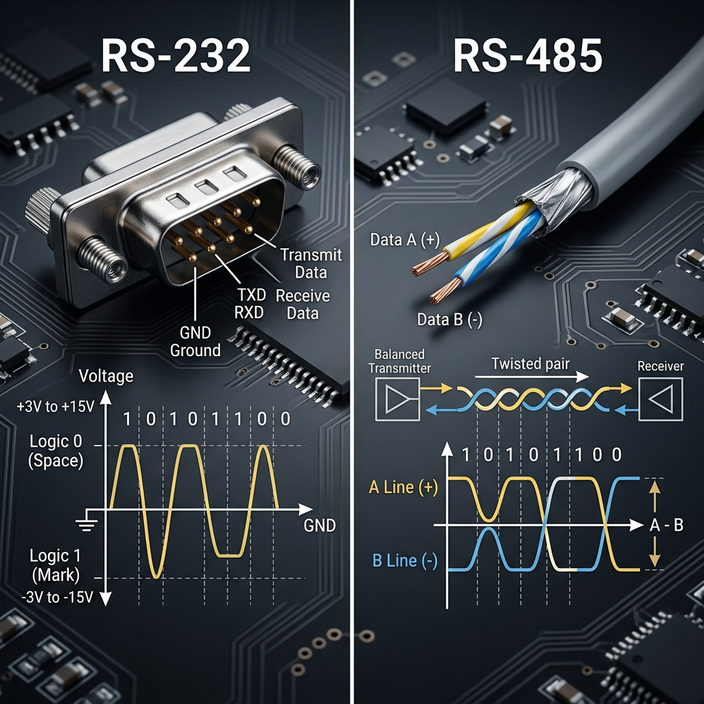 RS-232与RS-485串口通信标准对比：电气特性、拓扑结构与工业现场总线应用指南