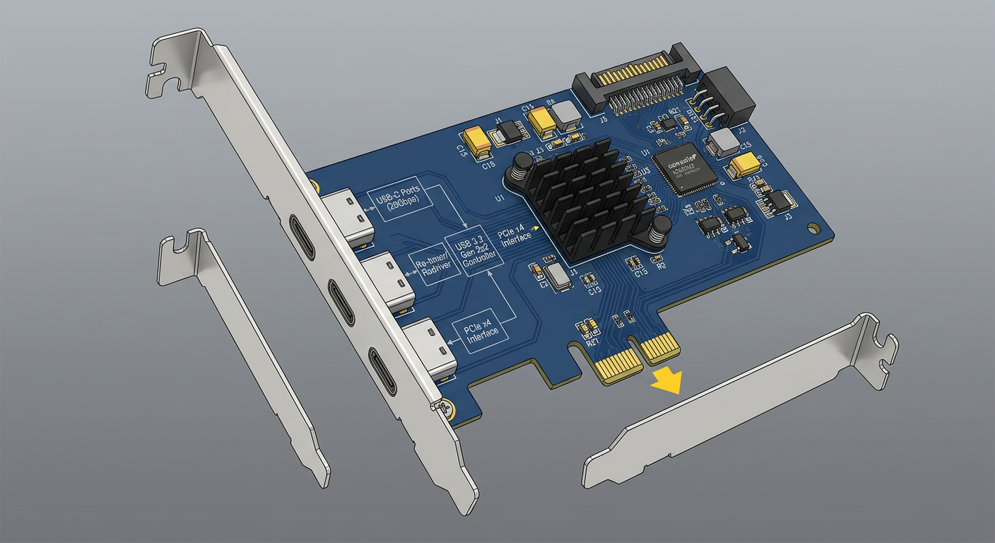 USB 3.2 Gen 2×2 PCIe 扩展卡与 USB-C 接口示意图