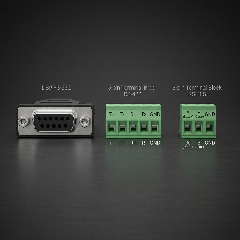 RS-232 DB9连接器、RS-422 5针端子和RS-485 3针端子串口接口示意图