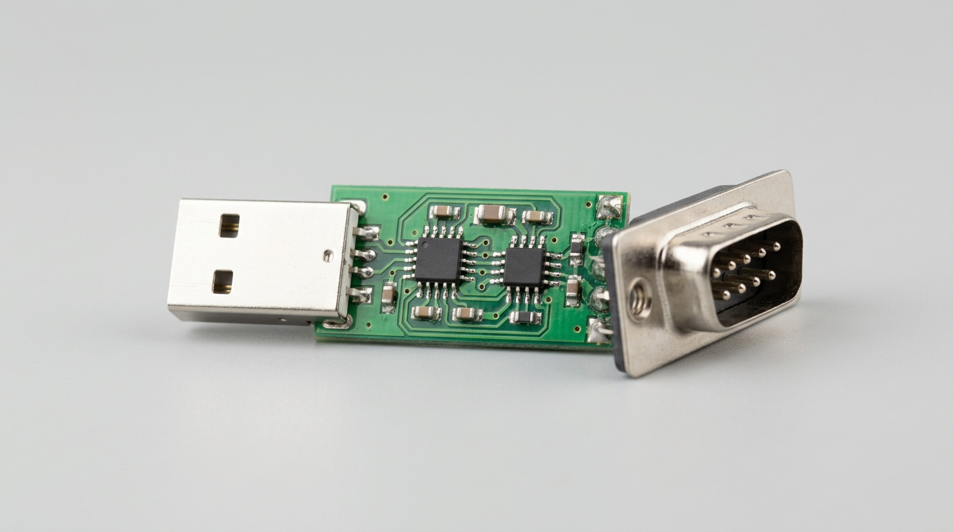 USB转串口转换模块电路板,一端为USB Type-A接口,另一端为DB9串口接口
